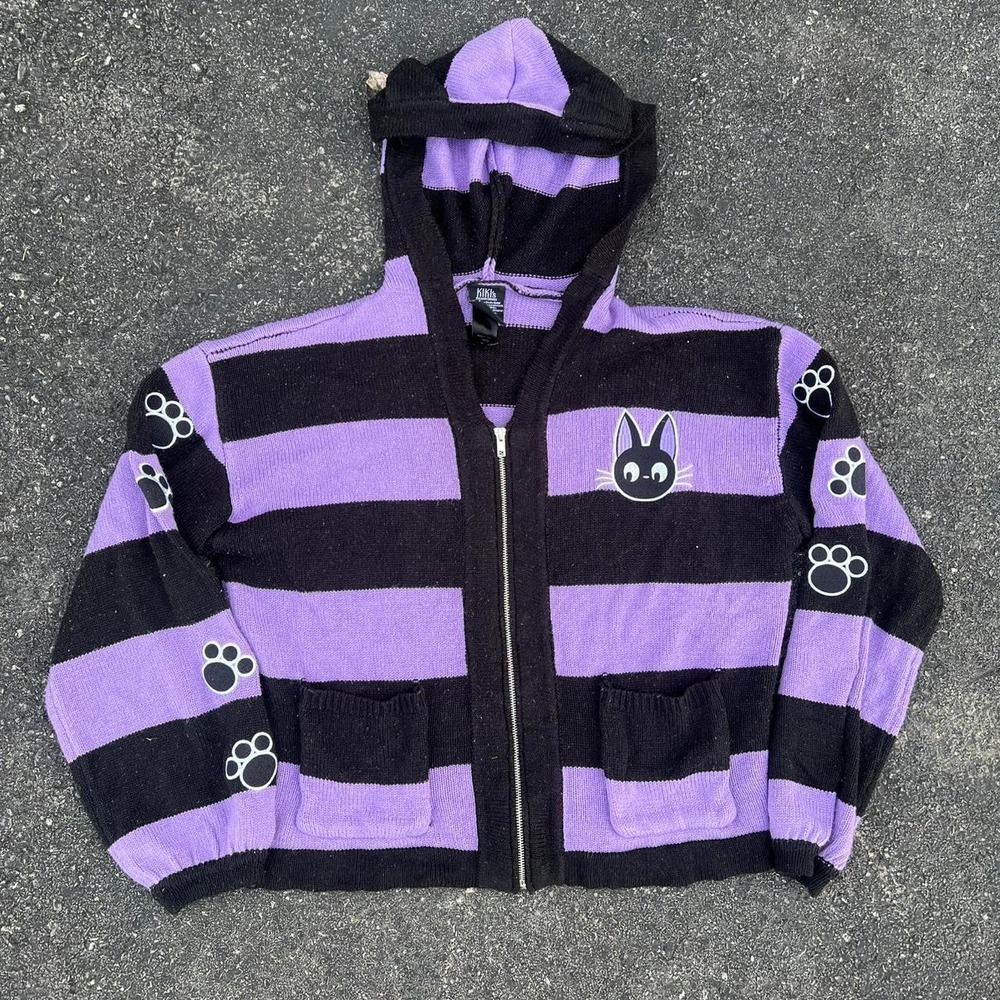 Studio Ghibli Kiki's Delivery Service Jiji Stripe Skimmer Hooded Cardigan Size M